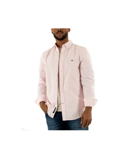 Koszula Tommy Jeans w paski z twillu różowa