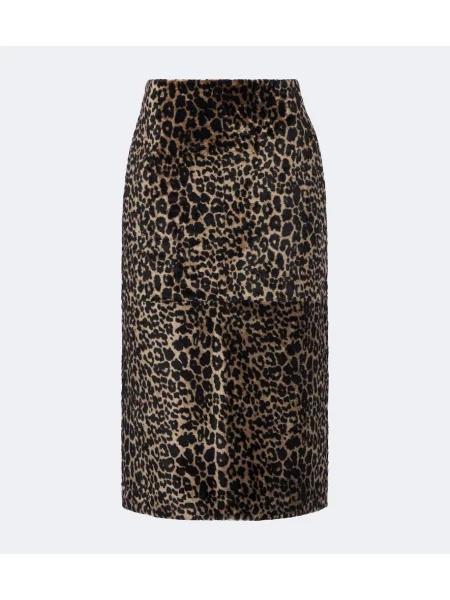 Fustă tip creion Nour Hammour cu imagine cu model leopard din piele de oaie maro