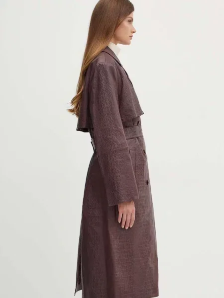 BOSS palton de piele femei de tranzitie cu doua randuri de bordo