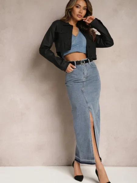 Fustă Creion Bluză Denim cu Șliț Decorativ Lefrana