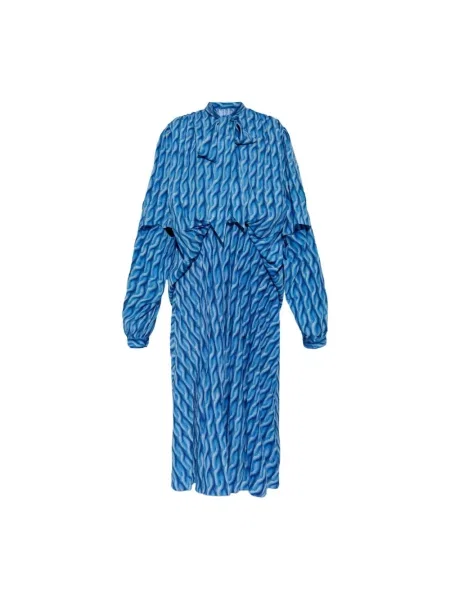 Lniana sukienka midi Balenciaga z nadrukiem do kolan niebieska