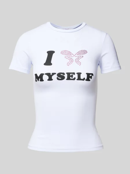 T-shirt z obszyciem kamieniami stras model ‘Love Yourself'’ Felicious biała