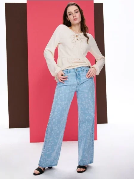 Джинси wide leg із високою талією та квітковим принтом синій