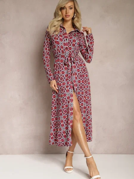 Czerwono-Biała Sukienka Maxi o Taliowanym Kroju z w Geometryczny Wzór Perani biała