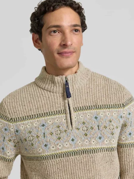 Sweter z norweskim wzorem z mieszanki wełny z kołnierzem zapinanym Ragman