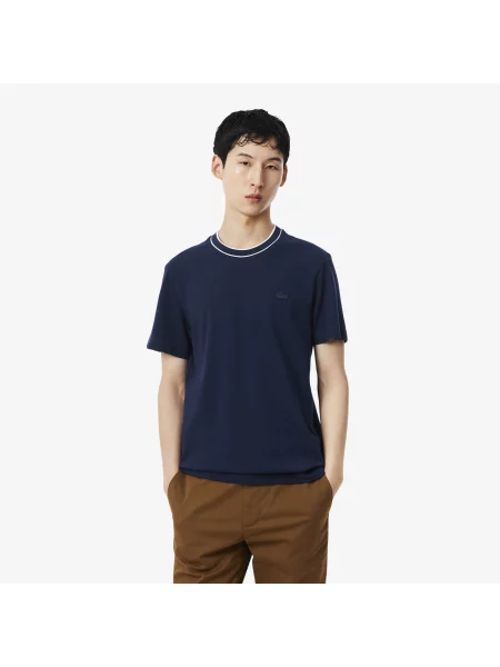 Lacoste T-Shirt Stretch Piqué Z Prążkowanym Kołnierzykiem granatowa