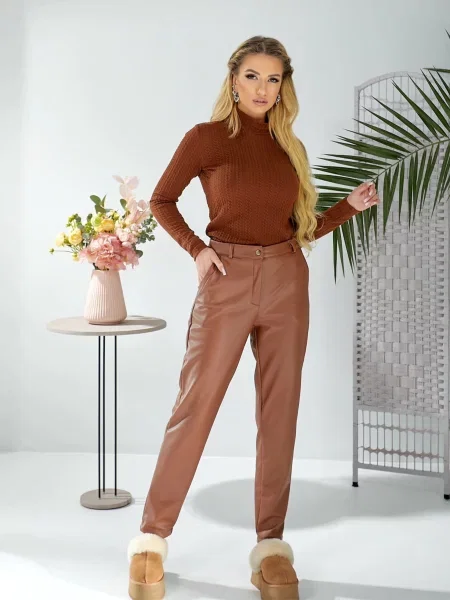 Кожаные повседневные брюки Ladylike коричневые