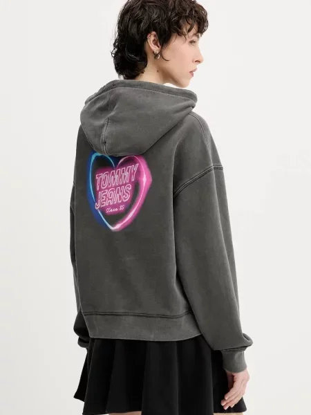 Tommy Jeans hanorac de gri cu glugă cu imprimeu negru