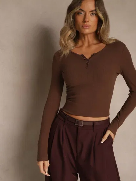 Bluzka Longsleeve z Prążkowanej Tkaniny z Amandria brązowa