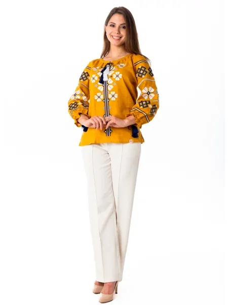 Лляна Вишита сорочка Folk Moda гірчичний