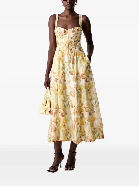 Rochie midi Bardot cu model floral cu imagine galben