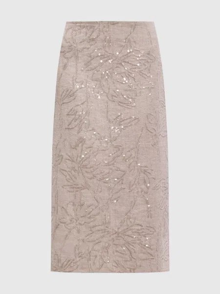 Спідниця міді з льону з паєтками Brunello Cucinelli бежева