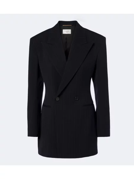 Sacou Saint Laurent de lână cu dungi cu două rânduri de nasturi albastru