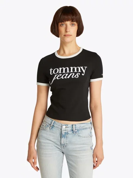Tommy Jeans Majica Script Ringer Slim Fit črna