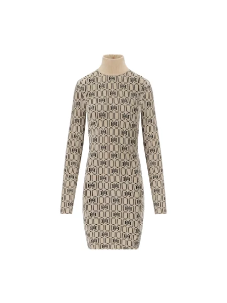 Dzianinowa sukienka Elisabetta Franchi z dekoltem w serek garniturowa beżowa