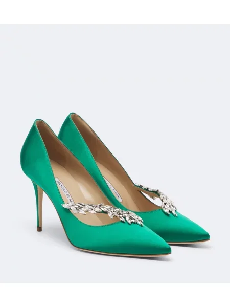 Pantofi cu toc Manolo Blahnik din satin verde