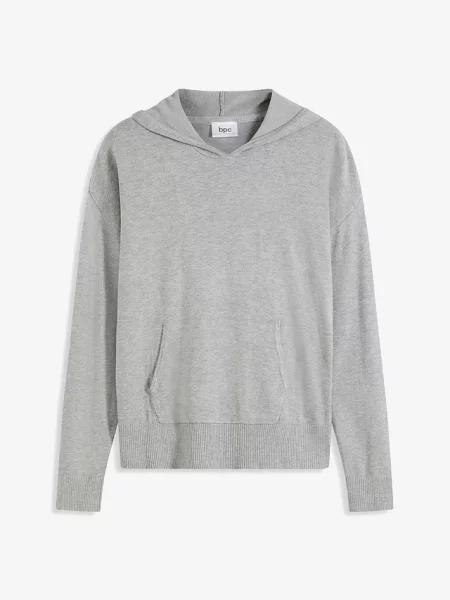 Bluza dzianinowa z kapturem i kieszonką kangurką z materiału z domieszką szara