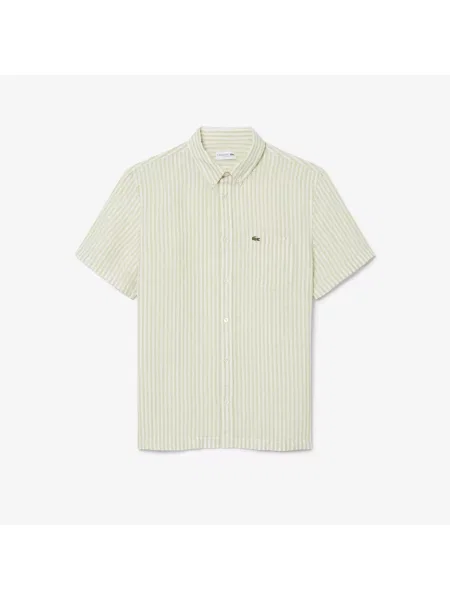 Lacoste Lniana Koszula O Regularnym Kroju Z Krótkim Rękawem zielony