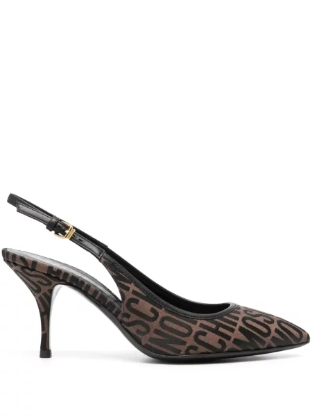 Pantofi cu toc Moschino din jacard cu autograf maro