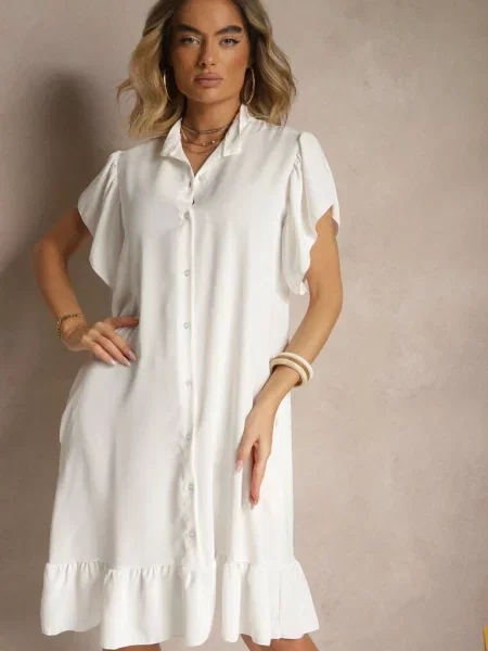 Koszulowa Sukienka Ozdobiona Falbankami i Tenelora biała