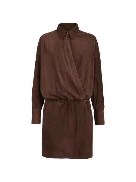 Rochie tip cămașă Brunello Cucinelli din piele de căprioară maro