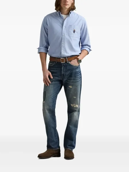 Tricou Polo Ralph Lauren din piele cu broderie în carouri maro