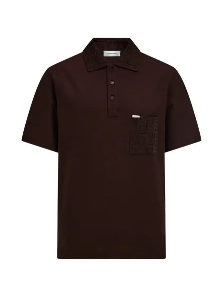 Tricou polo Ferragamo cu decolteu în V din jacard maro