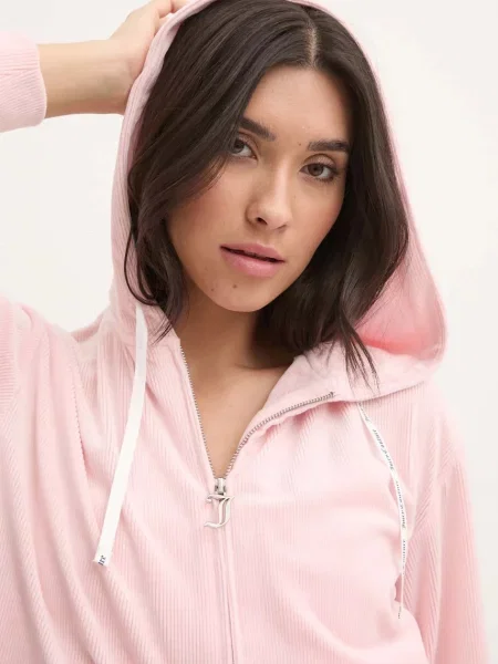 Juicy Couture pizsama felső LIV RIB VELOUR HOODIE rózsaszín