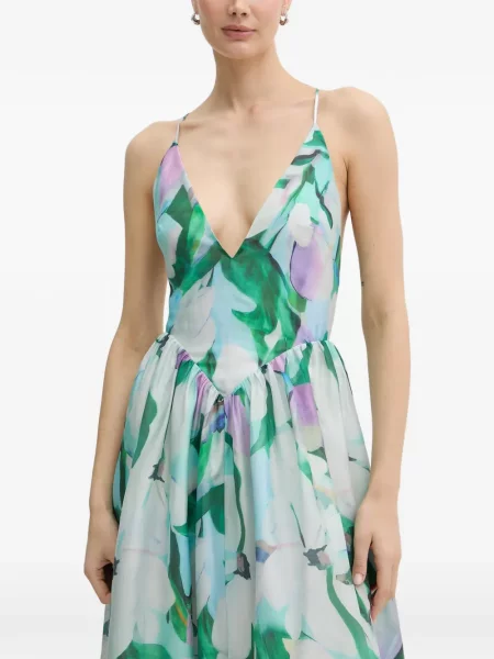 Rochie midi Bardot cu model floral cu imagine albastru