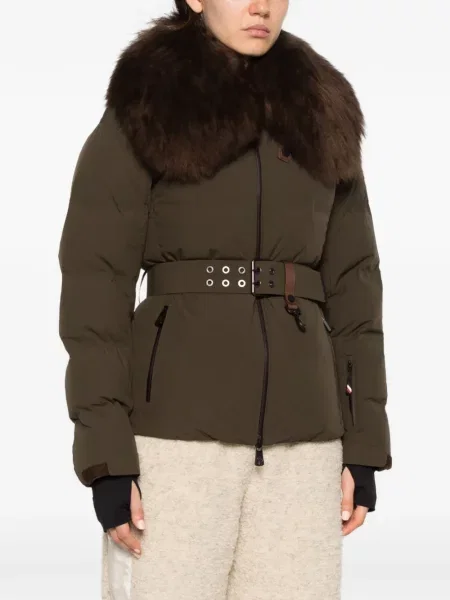 Gulerat cu centură geacă Moncler Grenoble cu blană verde