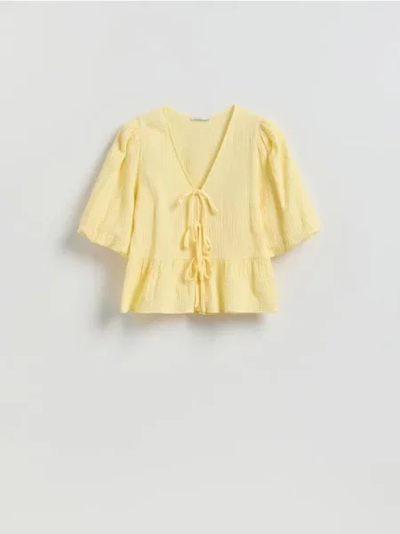 Reserved Муслінова блузка з зав’язкою світло-жовтий жовта