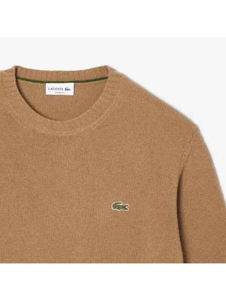 Lacoste Sweter Z Okrągłym Dekoltem Z Wełny Zgrzebnej biały