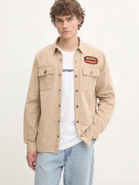 Риза Superdry мъжка със стандартна кройка с класическа яка бежово