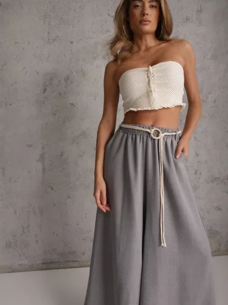 Spodnie Typu Palazzo High Waist Ozdobione Paskiem Sznurkiem Alemea szare