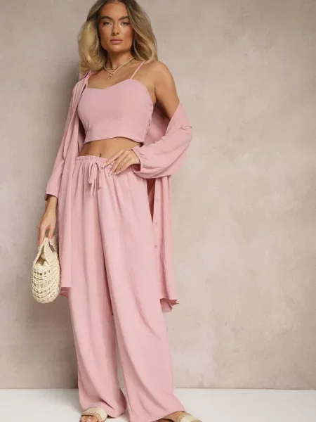 Ciemnoróżowy Komplet Spodnie z Gumką w Pasie Top i Długa Koszula Arives różowa