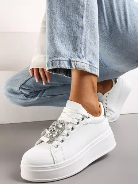 Sneakerși Alb-Argintii cu Platformă și Aplicații Bijuterii Detașabile la Șireturi Tamaki alb