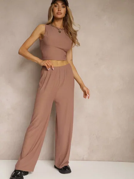 Prążkowany Komplet Top o Dopasowanym Kroju i Szerokie Spodnie Miraselia brązowy