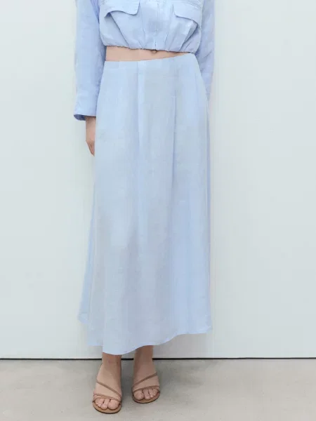 Лляна Спідниця міді MANGO світло-синій синя