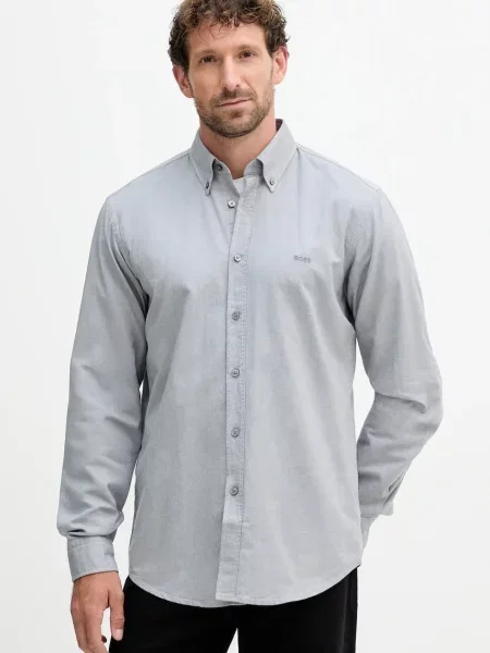 Риза BOSS Orange зелено със стандартна кройка с яка с копче сиво