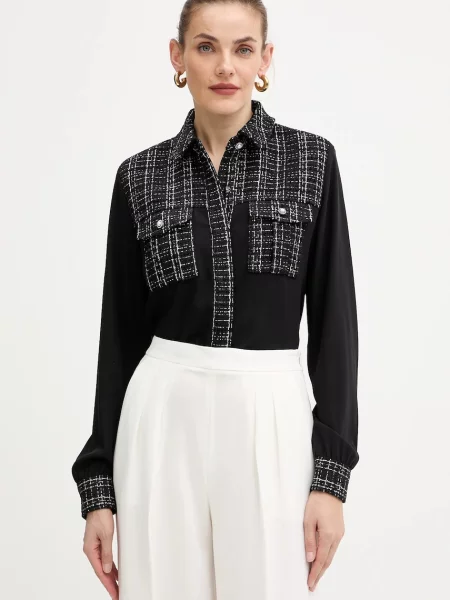 Риза Guess SANDRA дамска със стандартна кройка с класическа яка черно