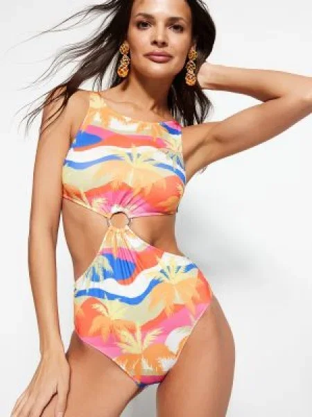 Costum de baie Trendyol cu imprimeu tropical cu gât halter alb