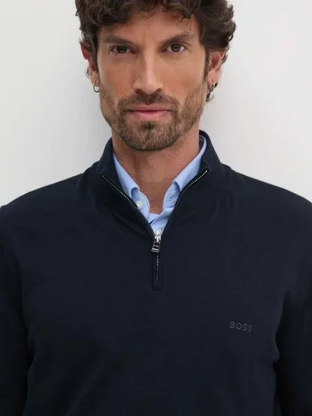 Sweter z dzianiny z krótkim zamkiem błyskawicznym model ‘Padro’ Boss granatowy