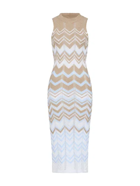 Rochie tricotat maro cămilă / albastru pastel alb