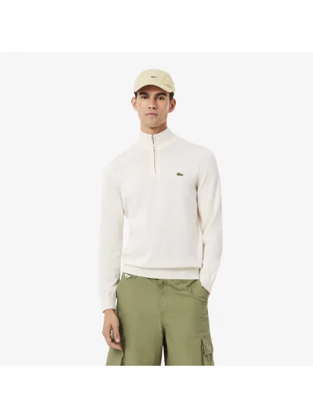 Lacoste Sweter Z Wysokim Kołnierzem I Zamkiem Kremowy biały