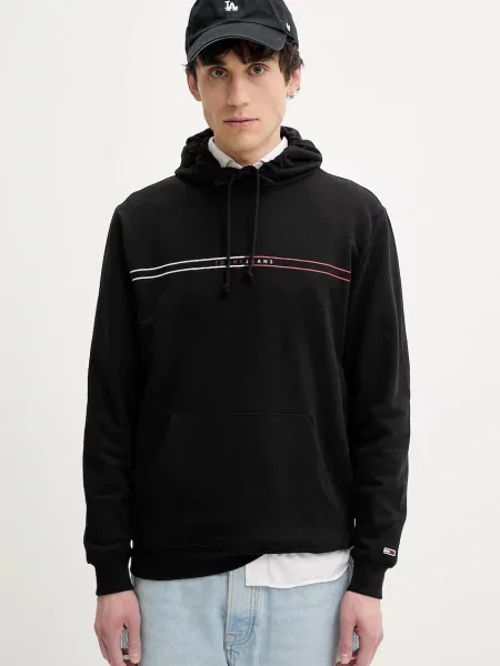 Dukserica Tommy Jeans za muškarce s kapuljačom s tiskom crna