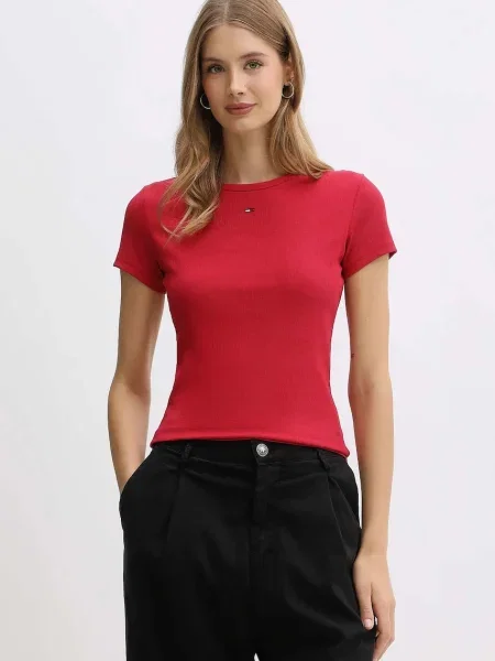 Tommy Jeans basic tričko dámske s elastanom červená