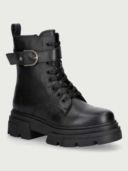 Tommy Hilfiger bocanci pentru femei din piele LEATHER TH BUCKLED LACE-UP BOOT negru