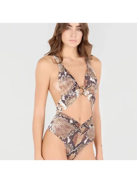 Lniany stroj jednoczęściowy Roberto Cavalli z nadrukiem brązowy
