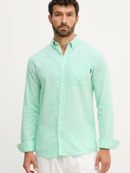 Ленена риза Lindbergh със стандартна кройка с яка с копче зелено