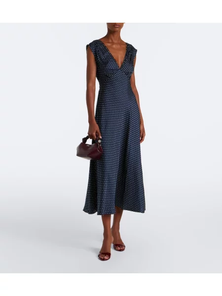 Rochie midi Dôen de mătase cu buline albastru